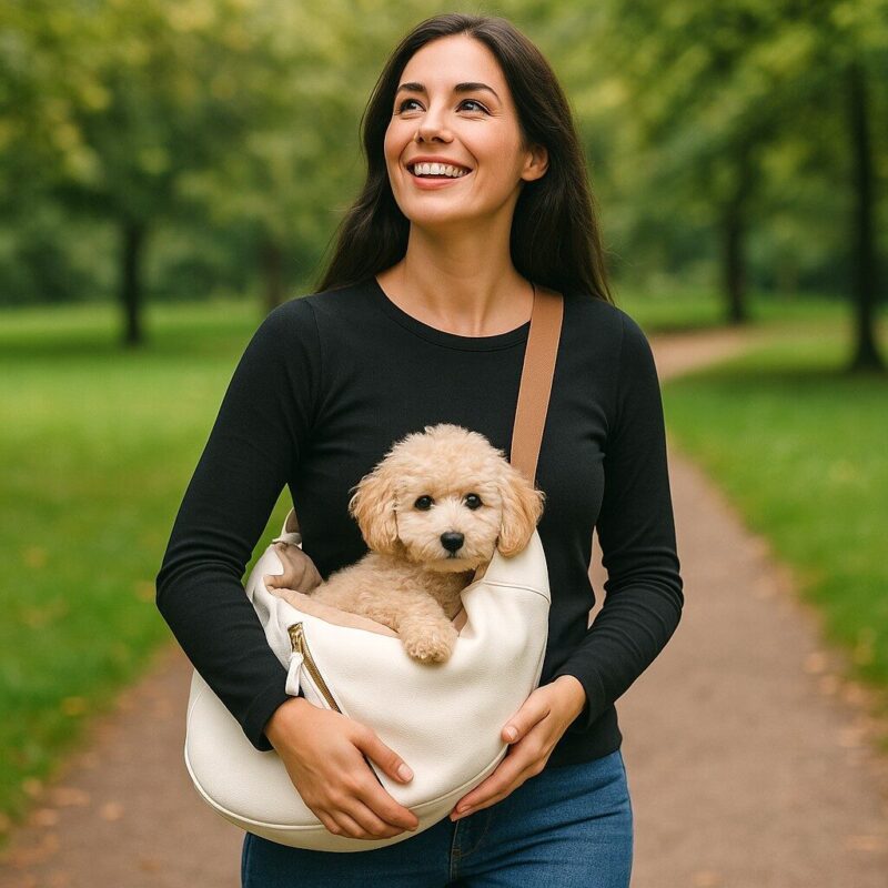 20250517_2206_Woman-Walking-Dog-Bag_remix_01jvfxk5trfnavnfnsb681aqc3.jpg Hondentas Leer Wit