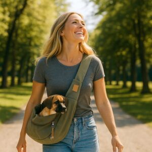 20250615_0744_Woman-Walking-Puppy_remix_01jxs1tzktfy1v7qqccr6b4dz7.jpg Draagtas Linus Olijf