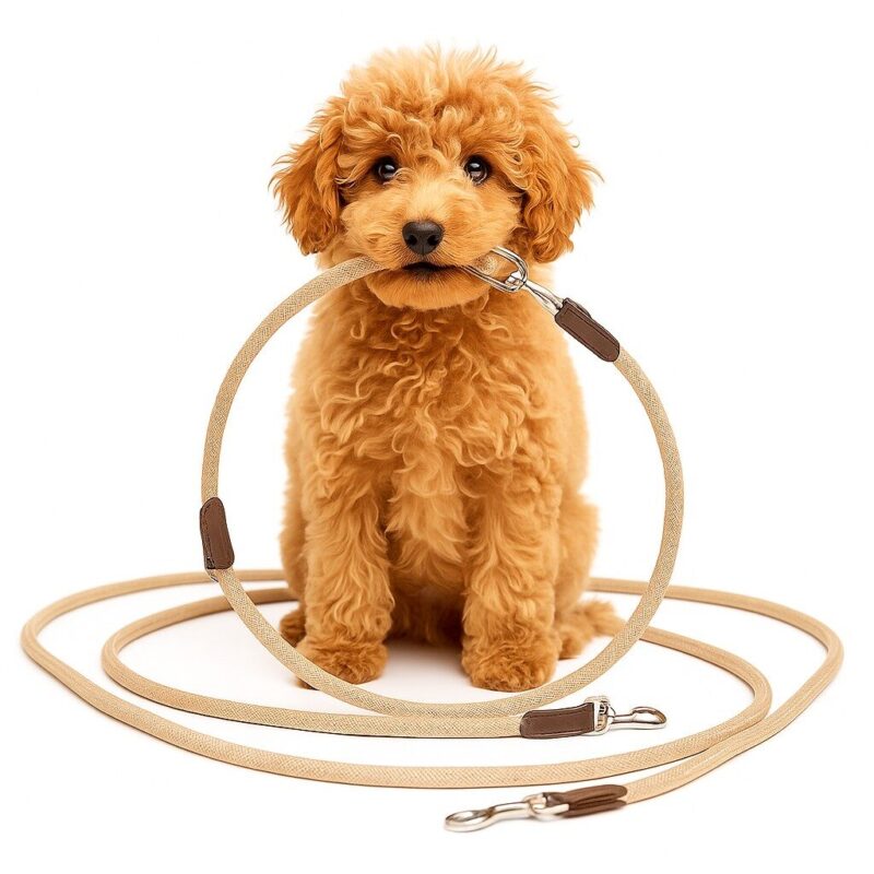 20251019_2355_Puppy-with-Oversized-Leash_remix_01k7z7f2stf3wagb8kh70hv26m.jpg Handsfree Hondenriem Beige